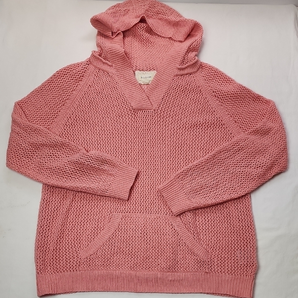 Shirt 469 Large Crochet Pink Linen/Cotton Hooded Kangaroo Pocket Pullover
